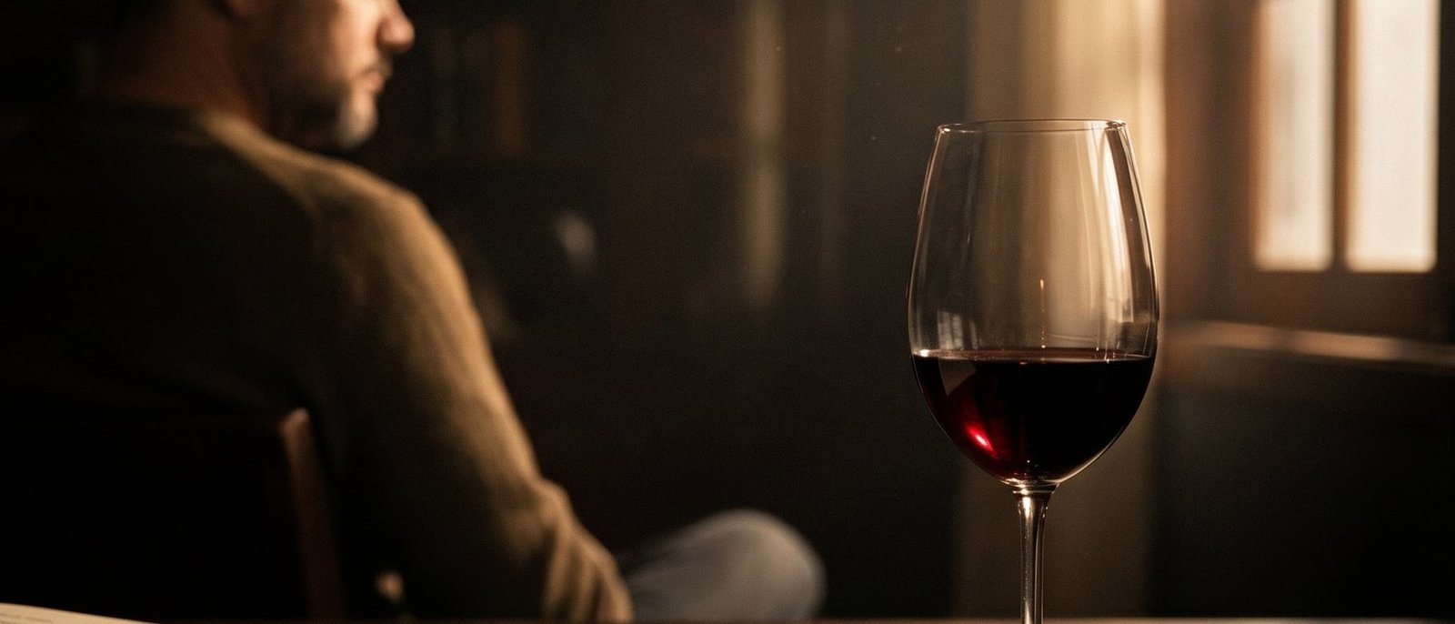 Mesa em luz baixa de fim de tarde: perfil silhuetado, taça de vinho tinto recebendo luz quente da janela